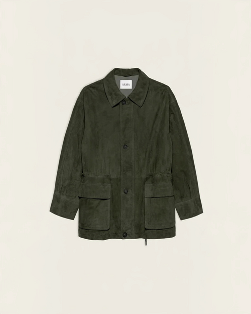 Veste Merci Paris Arma Maeve en daim d'agneau vert foncé avec poches à rabat et cordon de serrage à la taille
