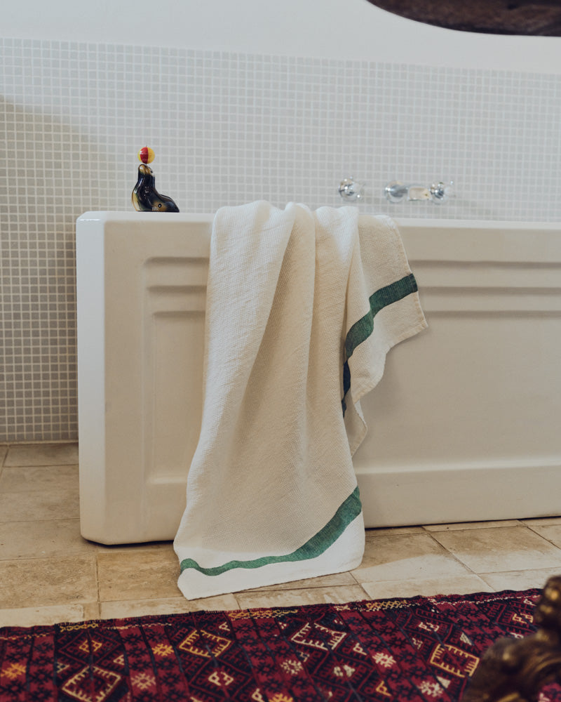 Merci - Serviette De Bain En Lin Nid D'Abeille - Bande Vert Potager