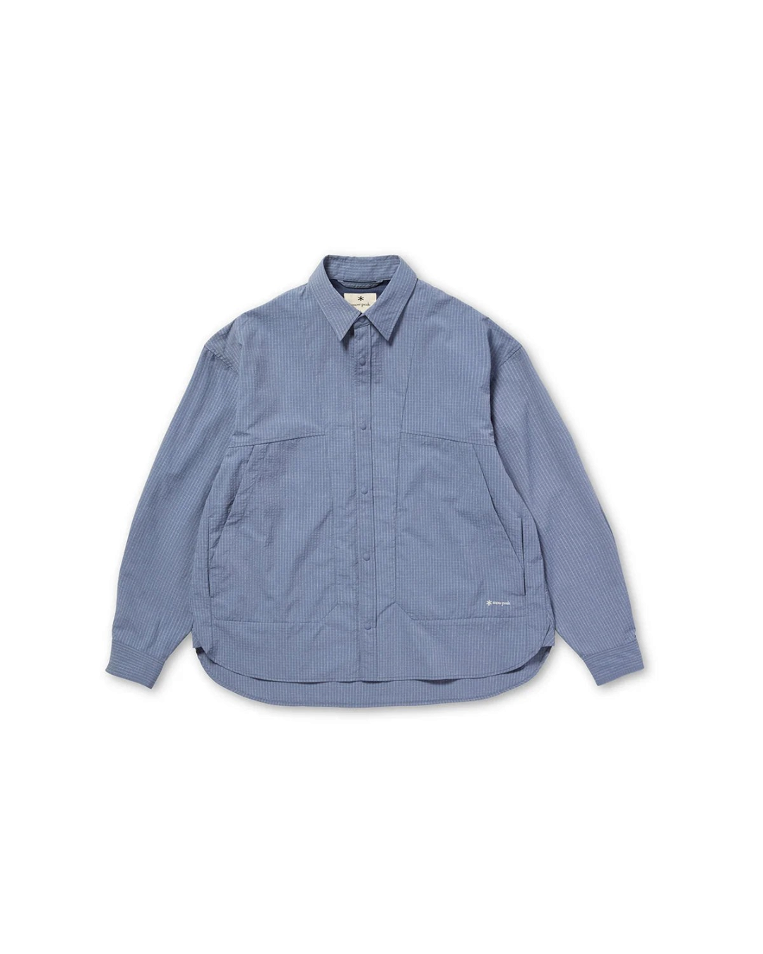 Chemise Merci Paris Snow Peak Kasuri Ripstop bleu clair à coupe ample avec poche utilitaire et détails techniques