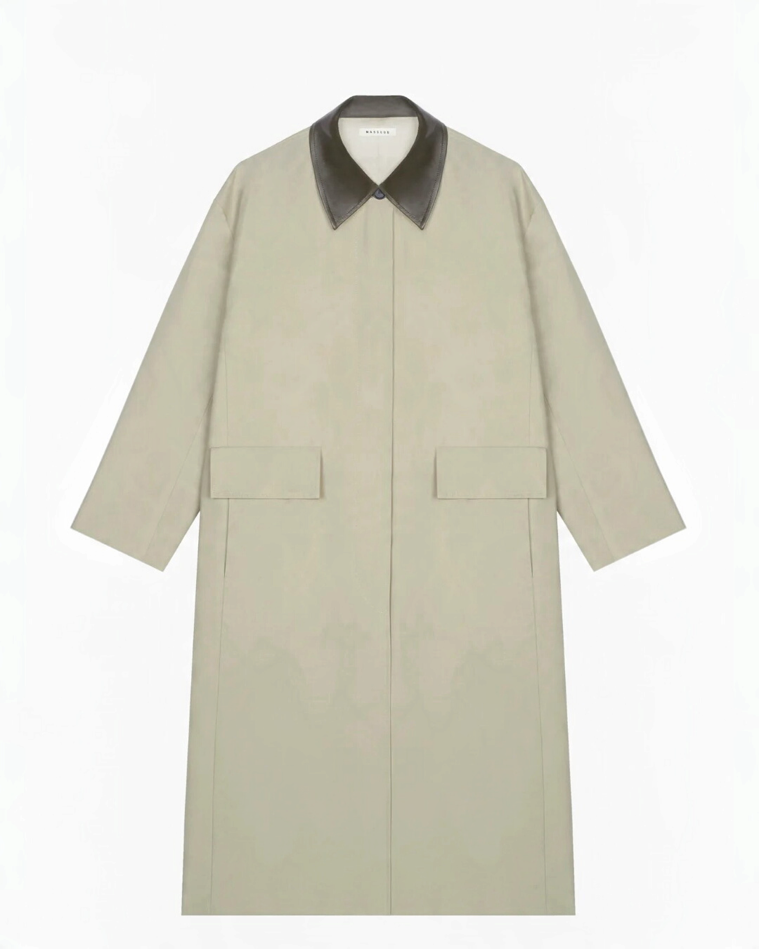 Trench long Merci Paris Masscob beige en coton et polyamide avec col contrastant en cuir d'agneau