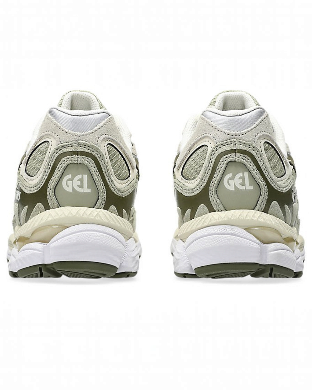 Vue arrière des baskets Asics Gel NYC kaki et argent avec détails en mesh et daim, disponibles chez Merci Paris