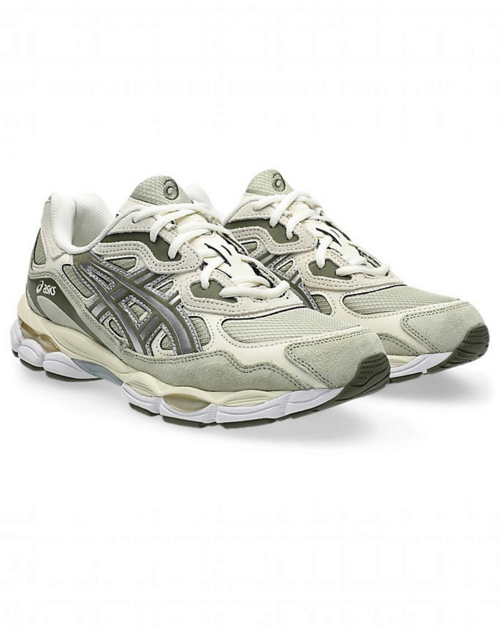 Baskets Merci Paris Asics Gel NYC en mesh et daim kaki et argent, style running rétro avec amorti GEL