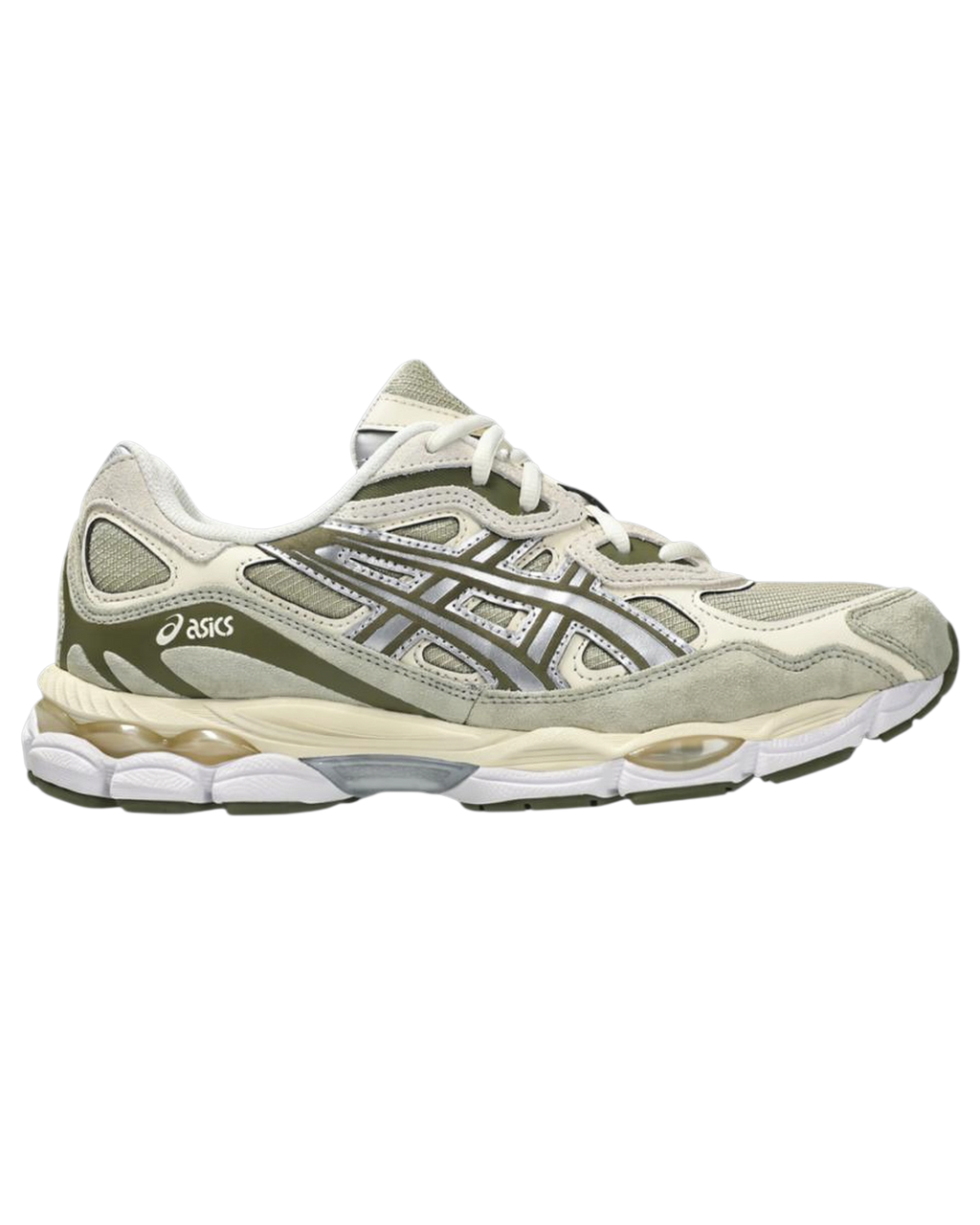 Baskets Asics Gel NYC Merci Paris en mesh kaki et daim avec détails argentés et semelle amortissante