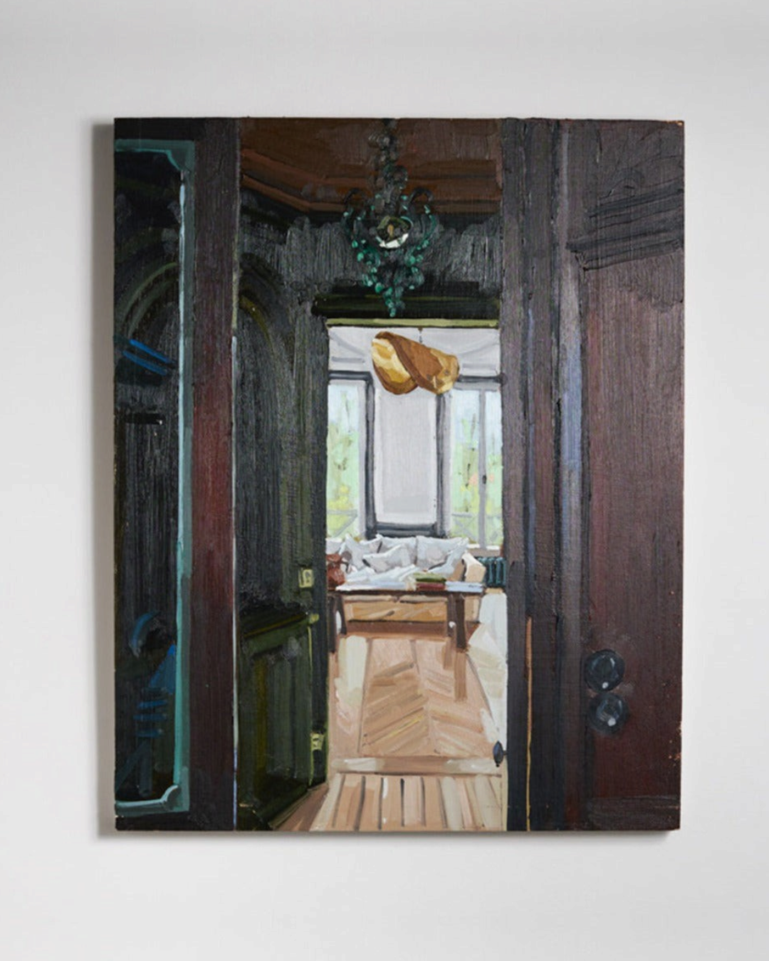 Tableau original sur bois par Chloe Chlumecky pour Merci Paris représentant une vue intérieure de salon