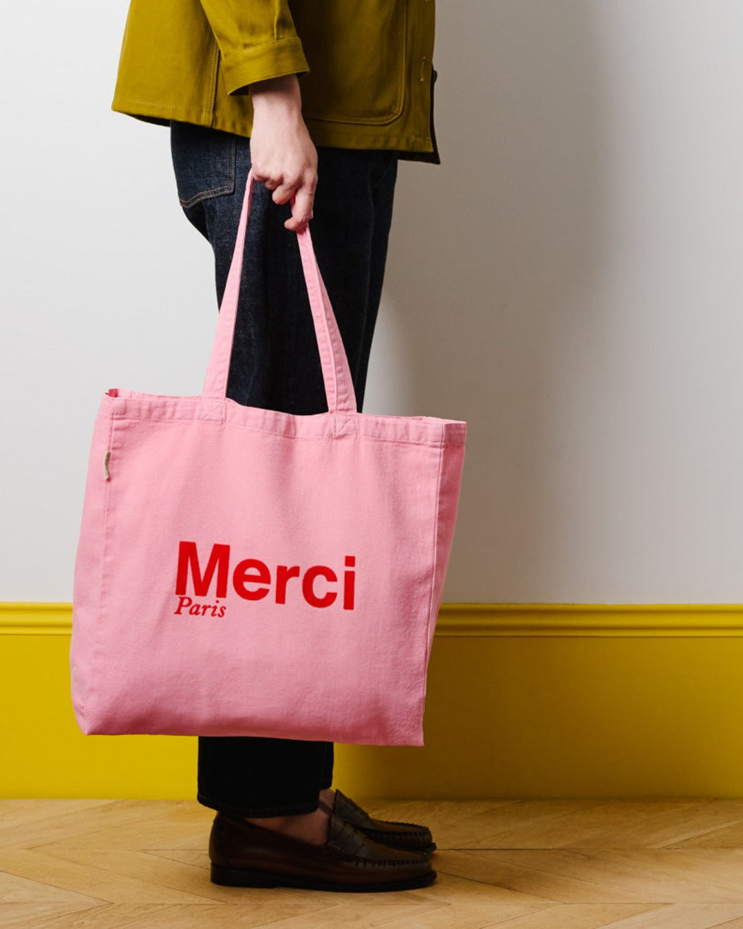 Merci - Cotton Tote Bag - Light Pink & Red