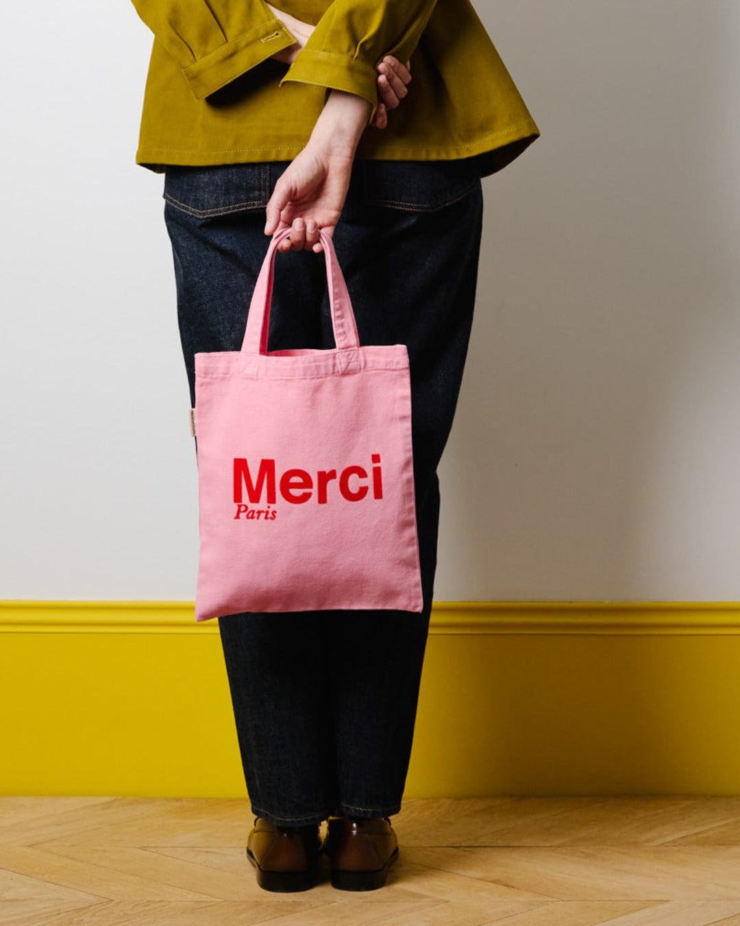 Merci - Cotton Tote Bag - Light Pink & Red