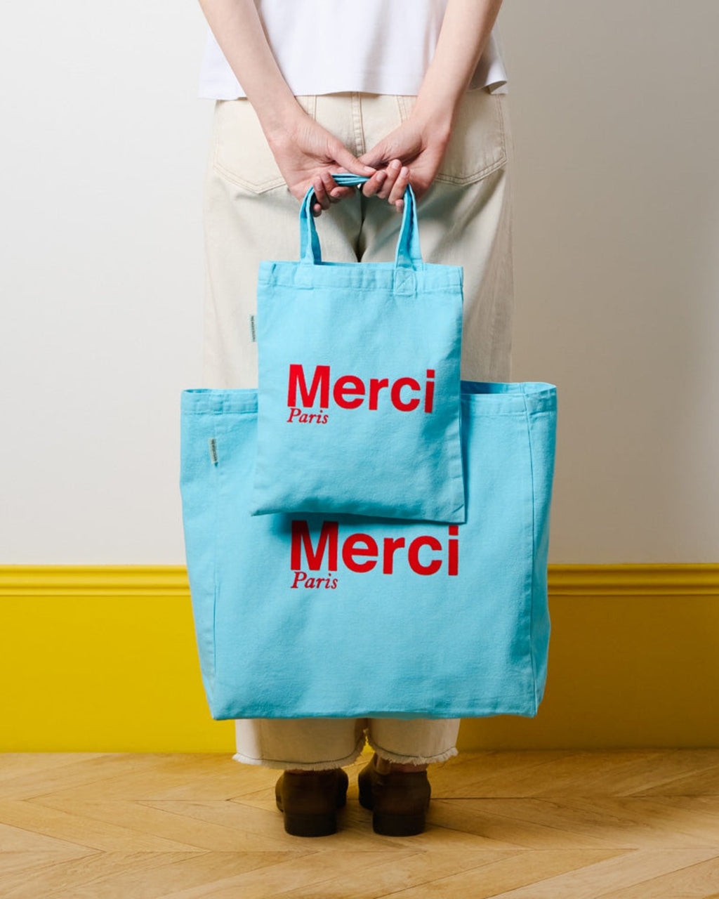 Merci - Cotton Tote Bag - Light Blue & Red