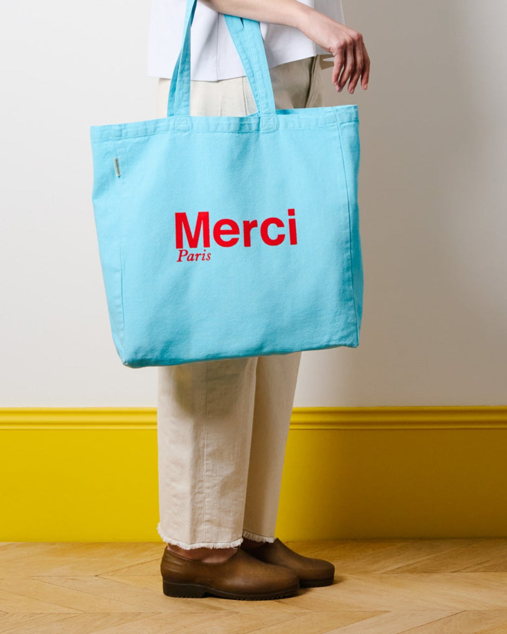 Merci - Cotton Tote Bag - Light Blue & Red