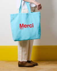 Merci - Tote Bag En Coton - Bleu Clair & Rouge