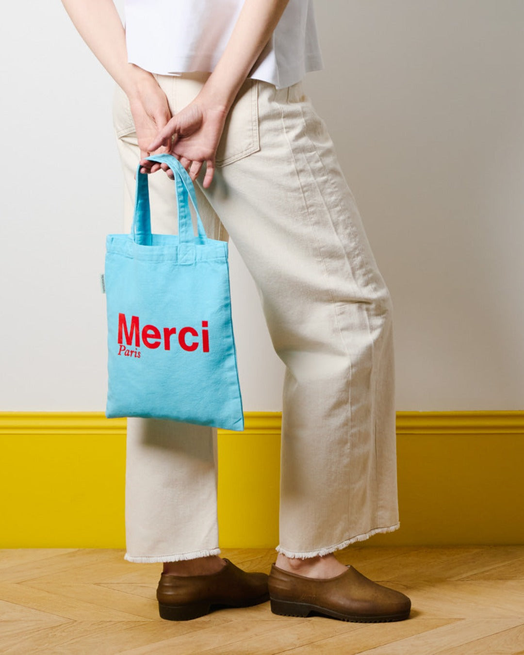 Merci - Cotton Tote Bag - Light Blue & Red