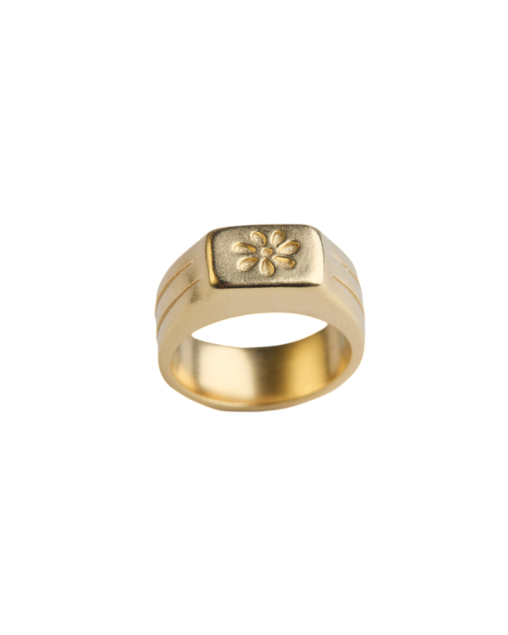 Chevalière Emma Merci Paris en laiton plaqué or jaune 16 carats avec un motif de fleur gravé sur le dessus