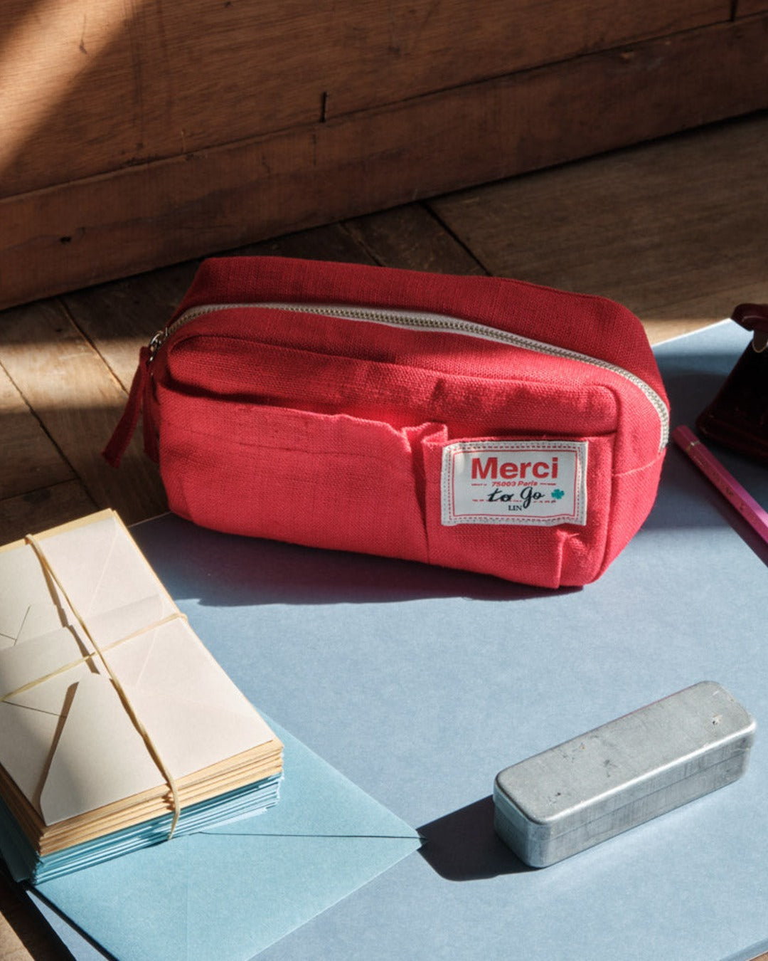 Merci - Washed linen pencil case - Vermilion Red