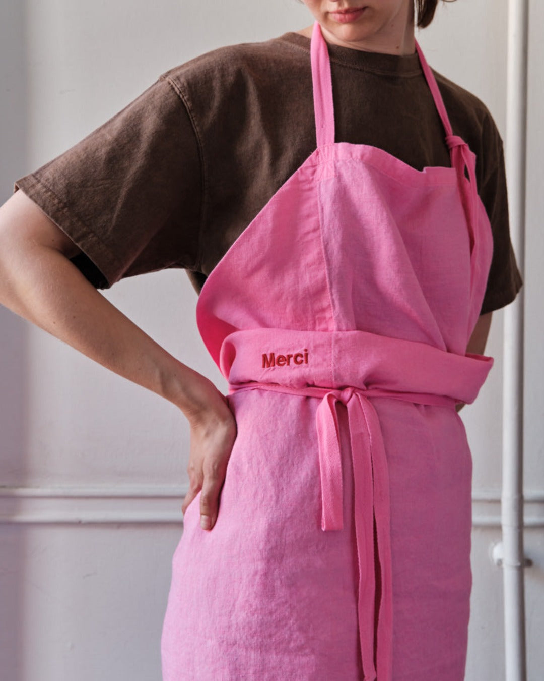 Merci - Washed linen apron - Garance Pink