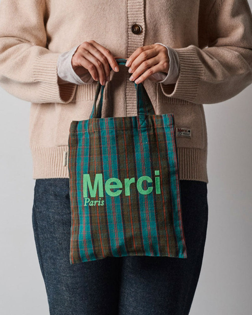 Merci - Cotton Tote Bag - Blue, Brown & Green