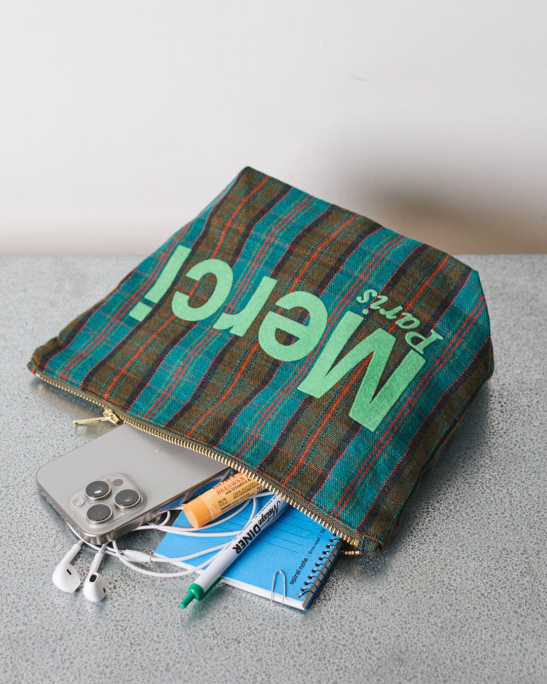 Merci - Cotton pouch - Blue, Brown & Green