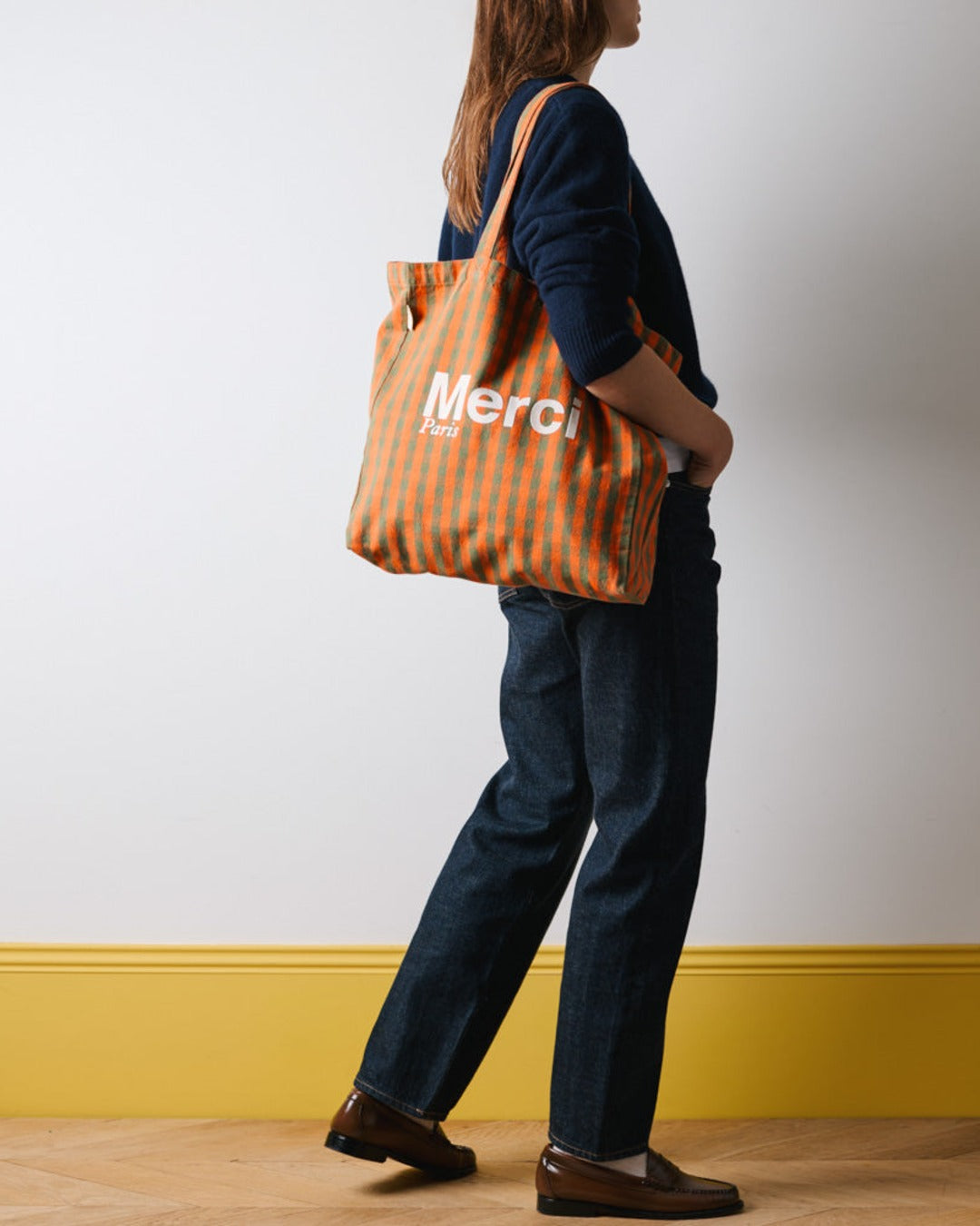 Merci - Tote Bag En Coton - Orange, Vert & Crème