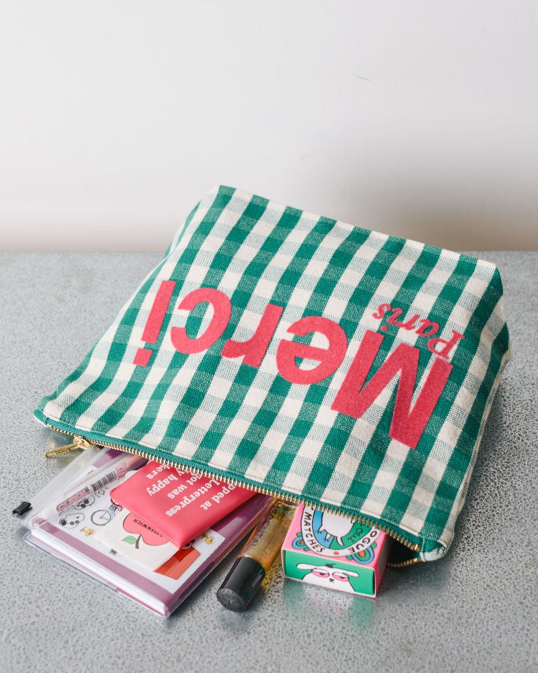 Merci - Cotton pouch - Green, Cream & Pink