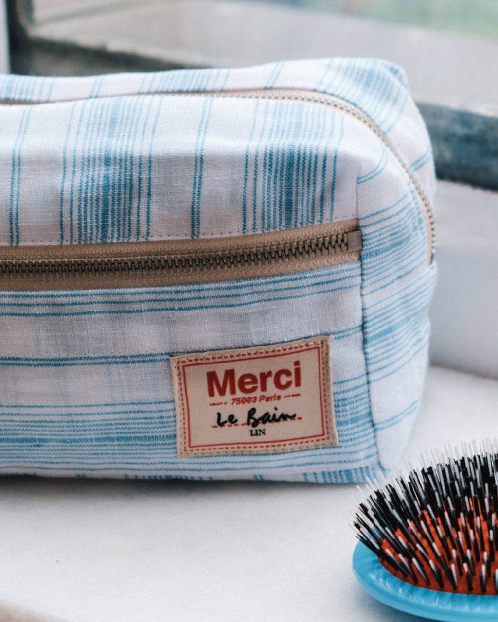 Merci - Trousse De Toilette - Rayures Toile Bleu Primaire