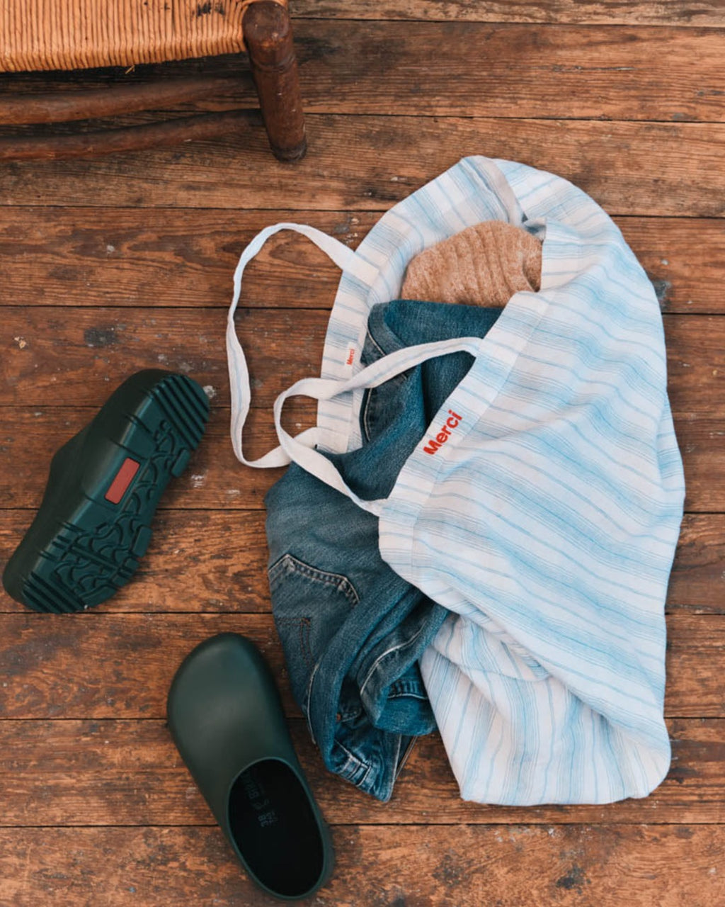 Merci - Washed linen Merci shopping bag - Primary Blue Canvas Stripes