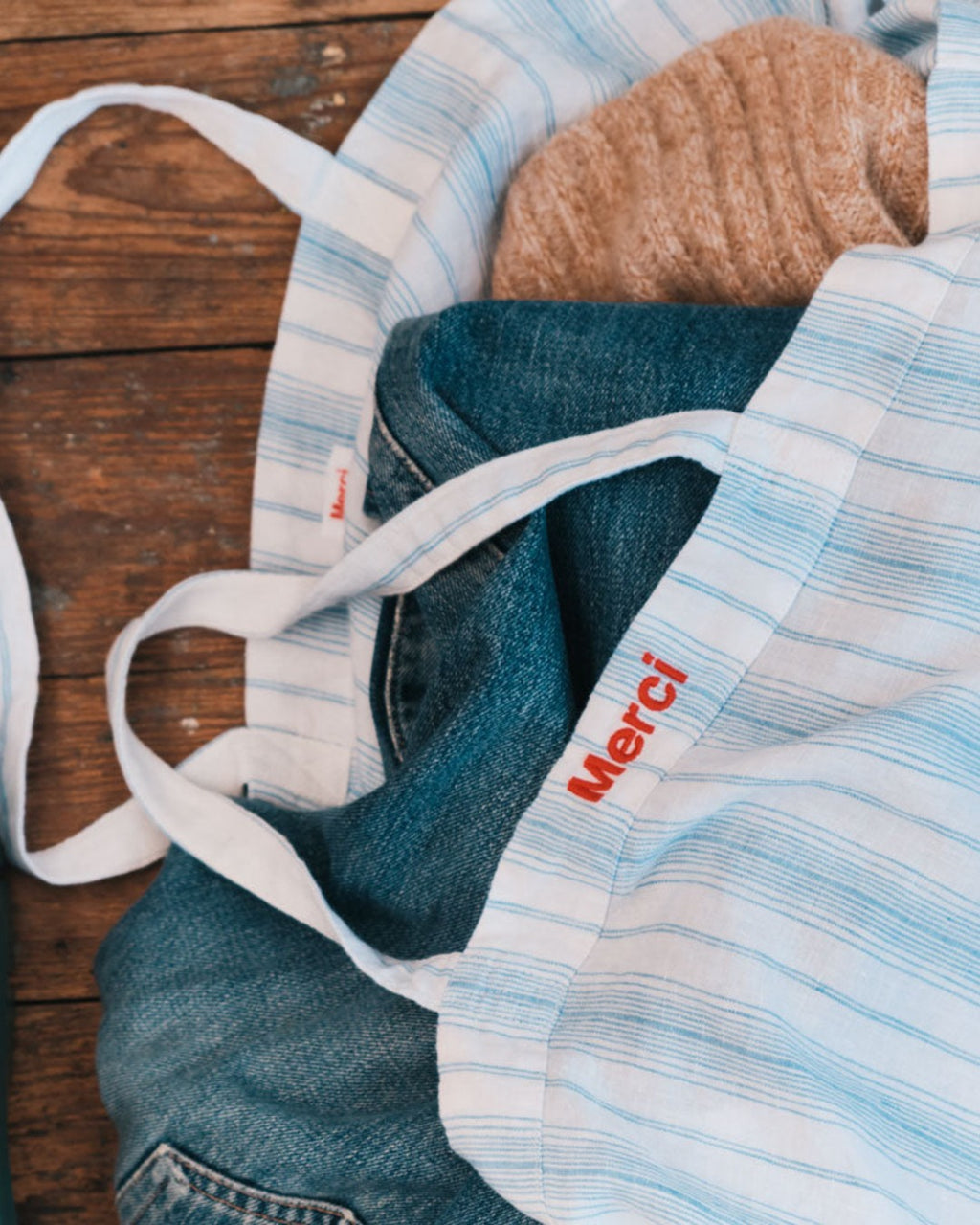 Merci - Washed linen Merci shopping bag - Primary Blue Canvas Stripes