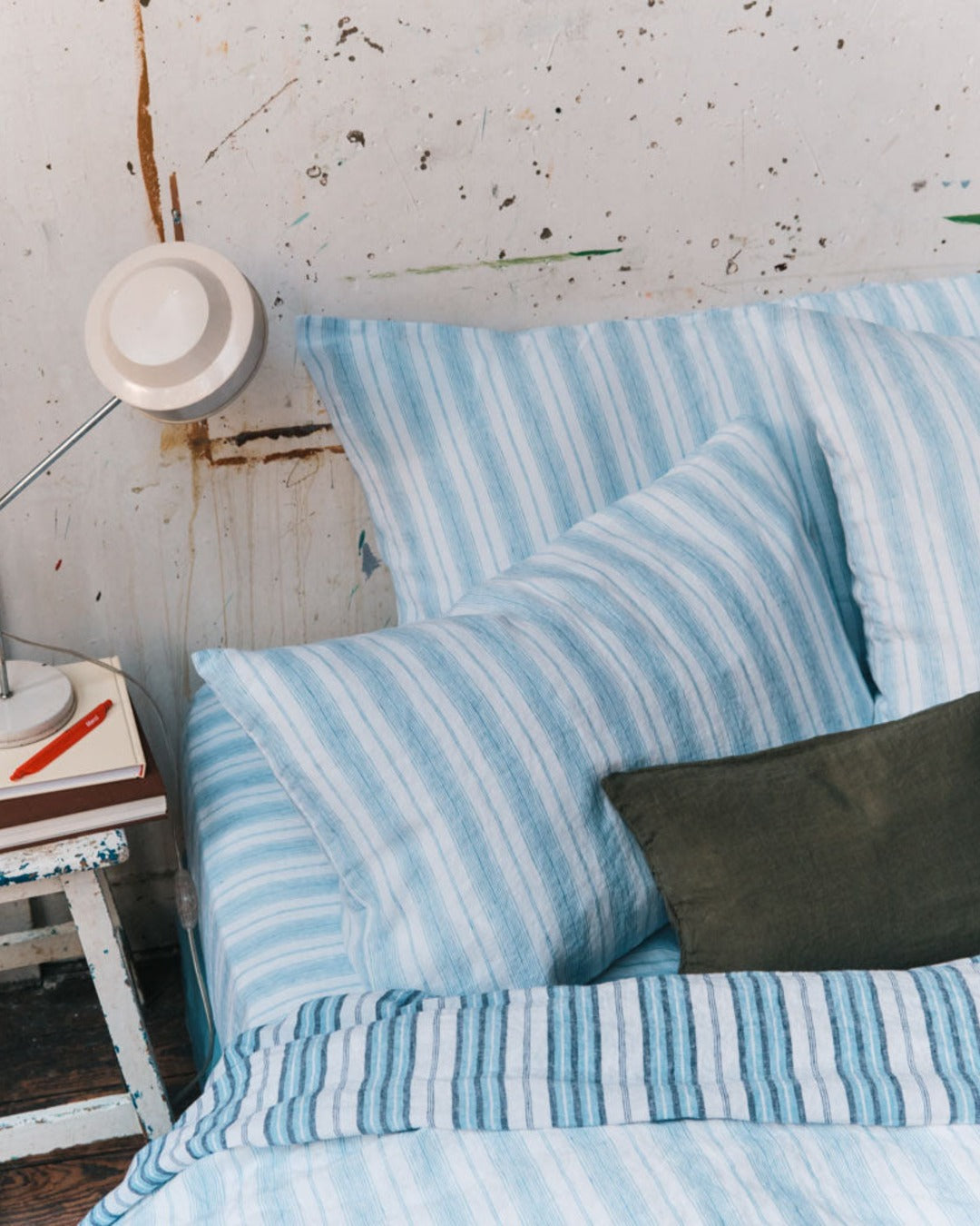 Washed Linen Pillowcase - Primary Blue Canvas Stripes
