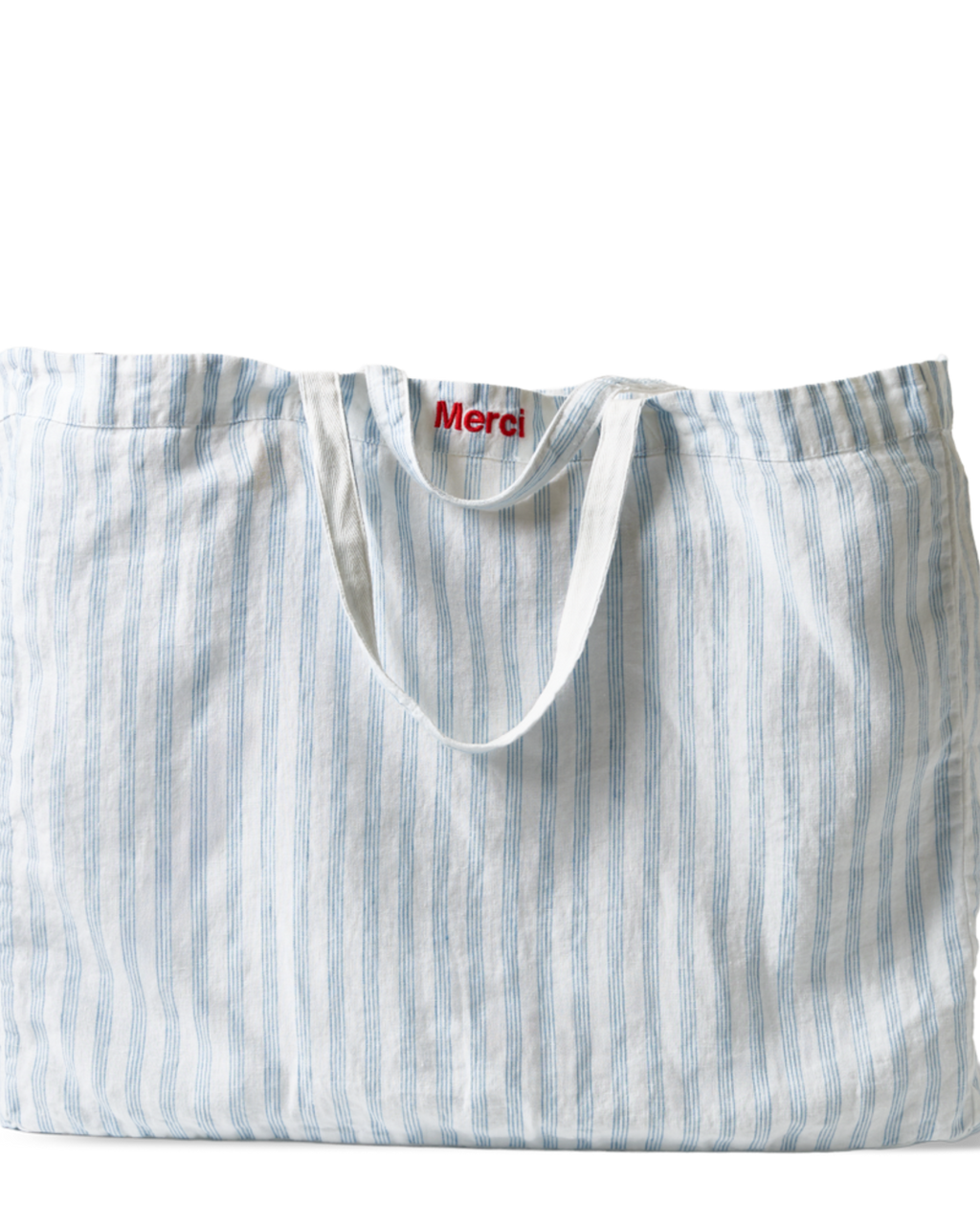 Merci - Washed linen Merci shopping bag - Primary Blue Paintbrush Stripes