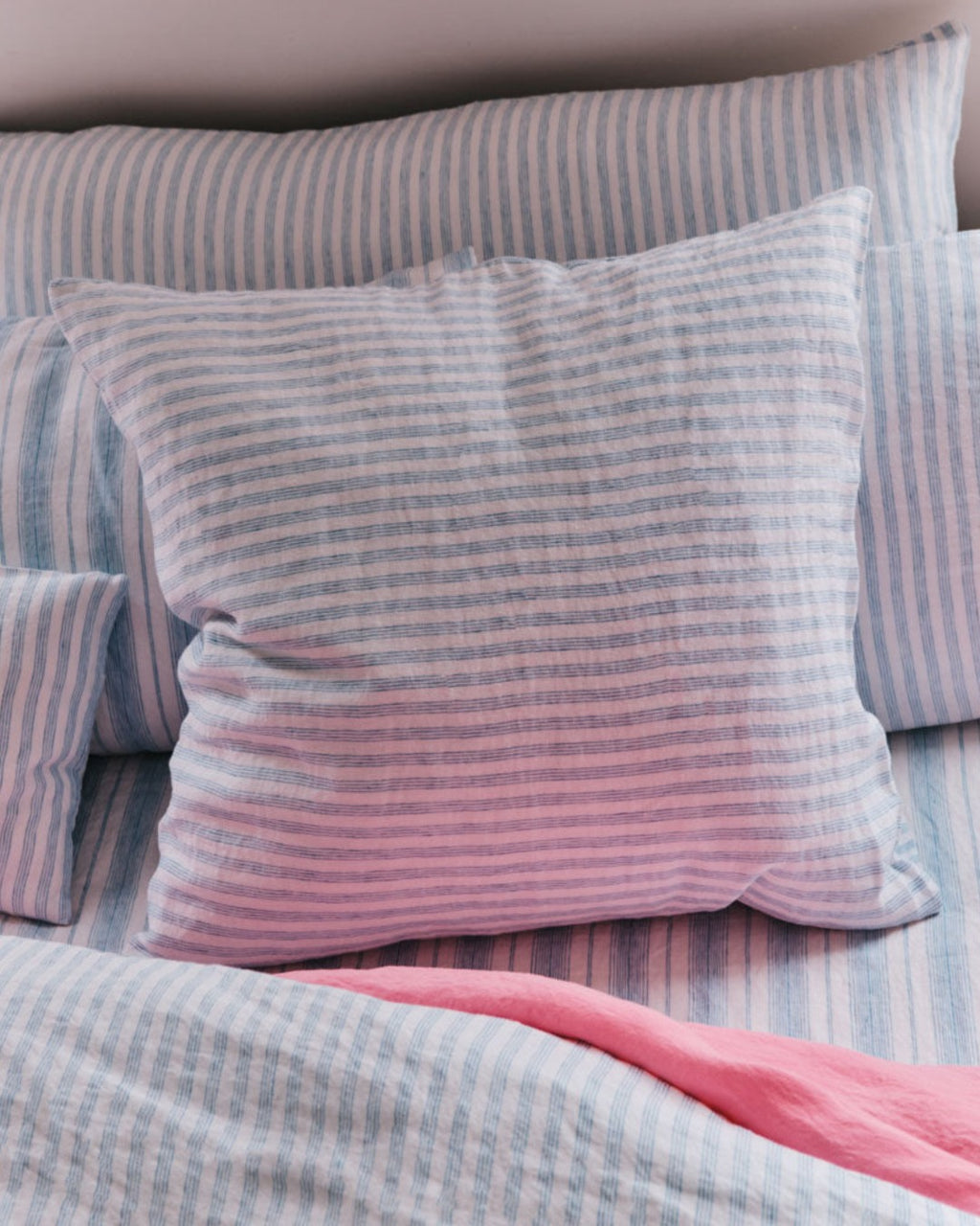 Merci - Washed linen pillowcase - Primary Blue Paintbrush Stripes