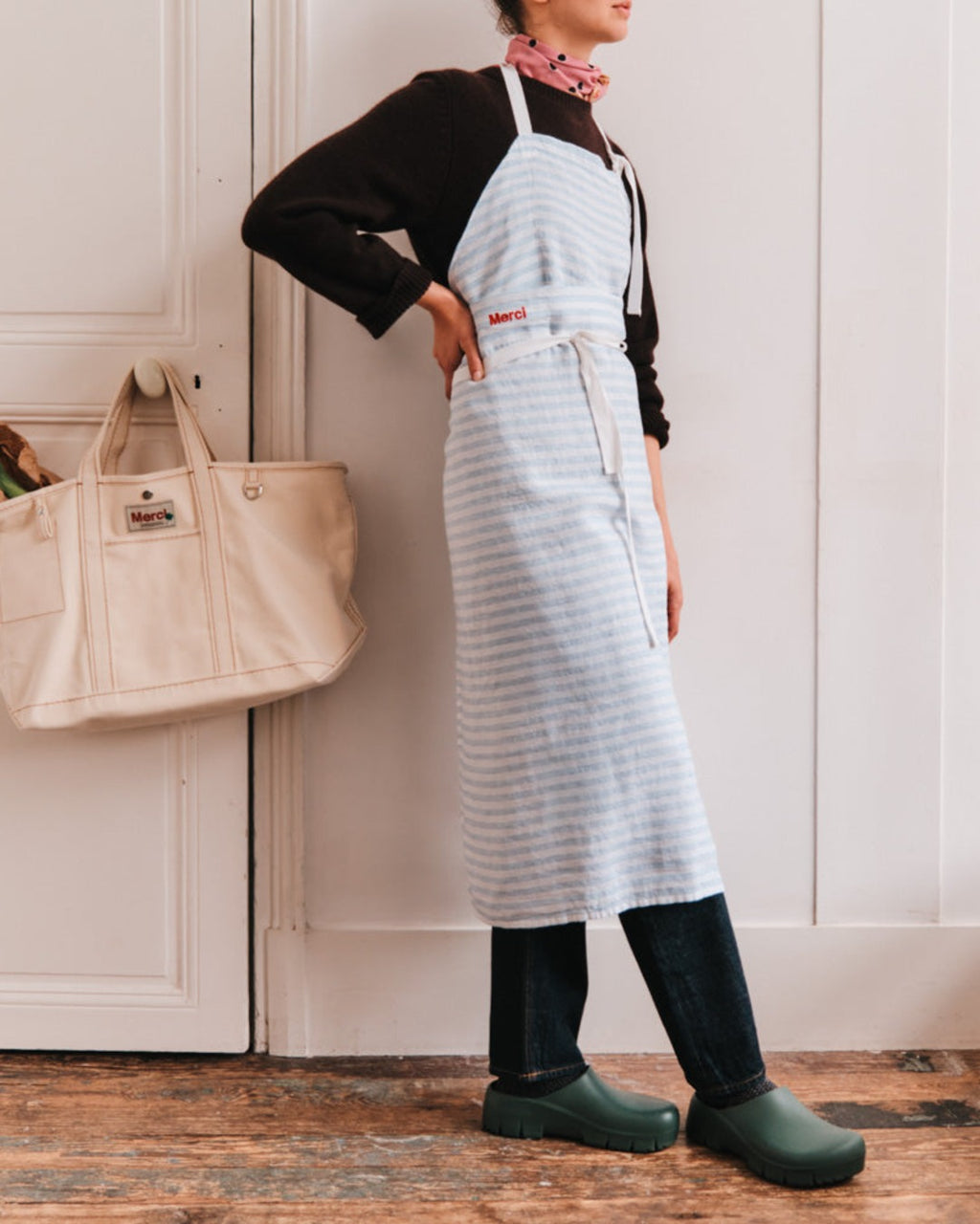 Merci - Washed linen apron - Primary Blue Paintbrush Stripes