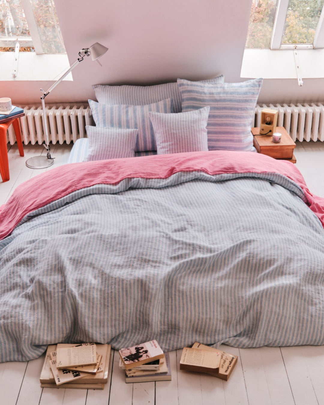Merci - Washed linen duvet cover - Primary Blue Paintbrush Stripes