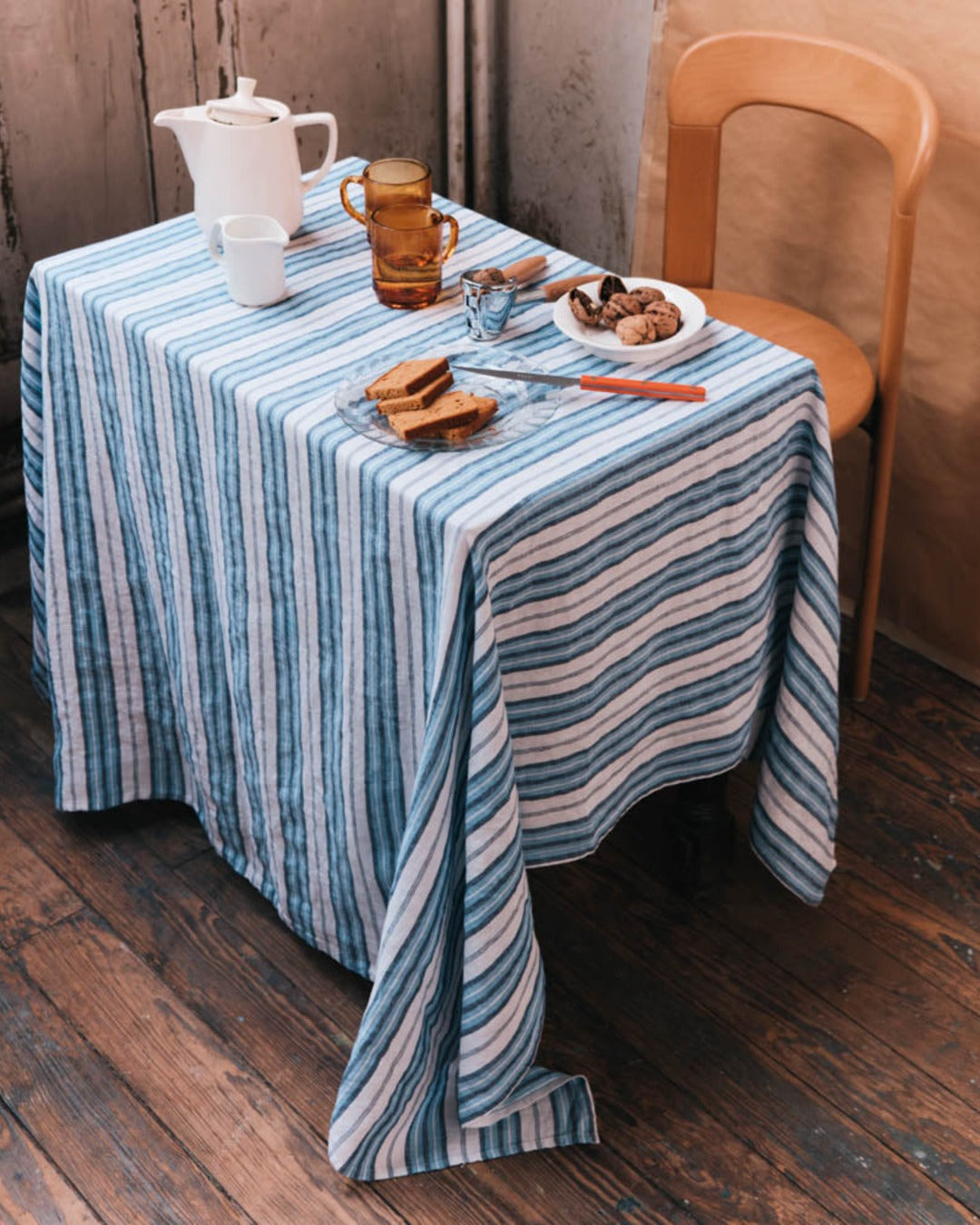 Merci - Washed linen tablecloth - Primary Blue Palette Stripes