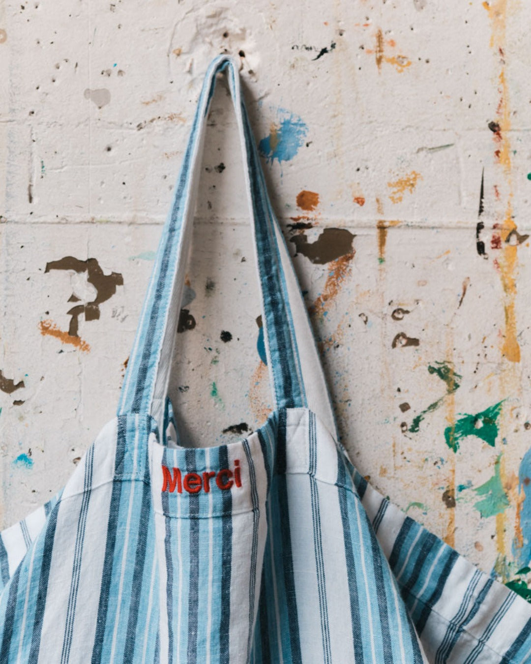 Merci - Washed linen Merci shopping bag - Primary Blue Palette Stripes