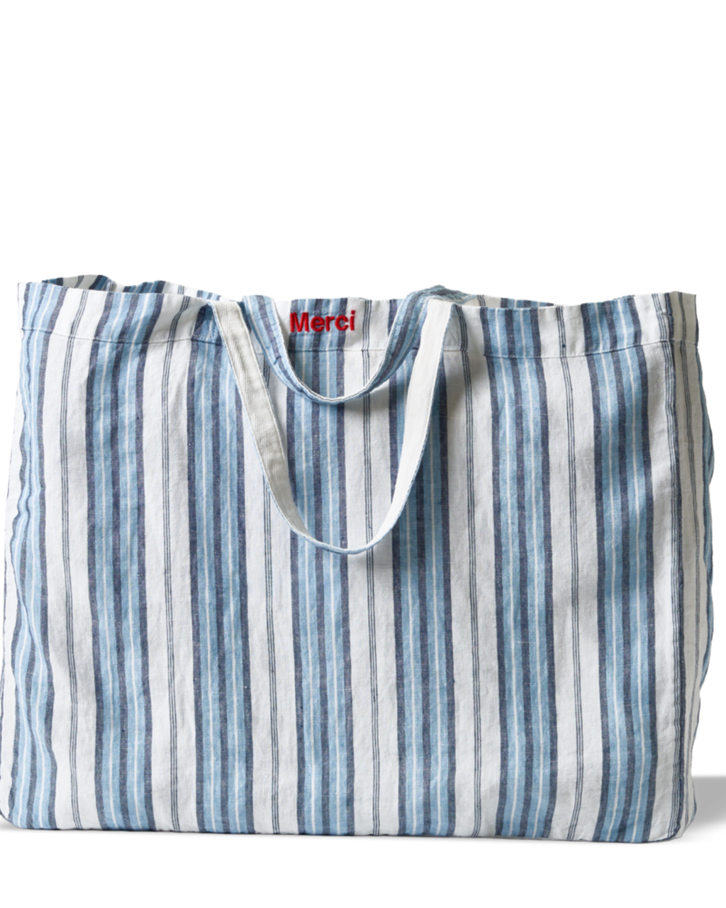 Merci - Washed linen Merci shopping bag - Primary Blue Palette Stripes