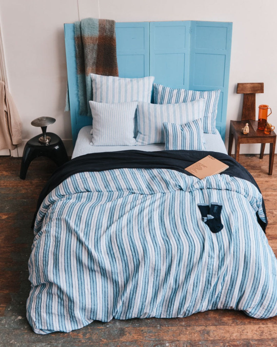 Merci - Washed linen duvet cover - Primary Blue Palette Stripes