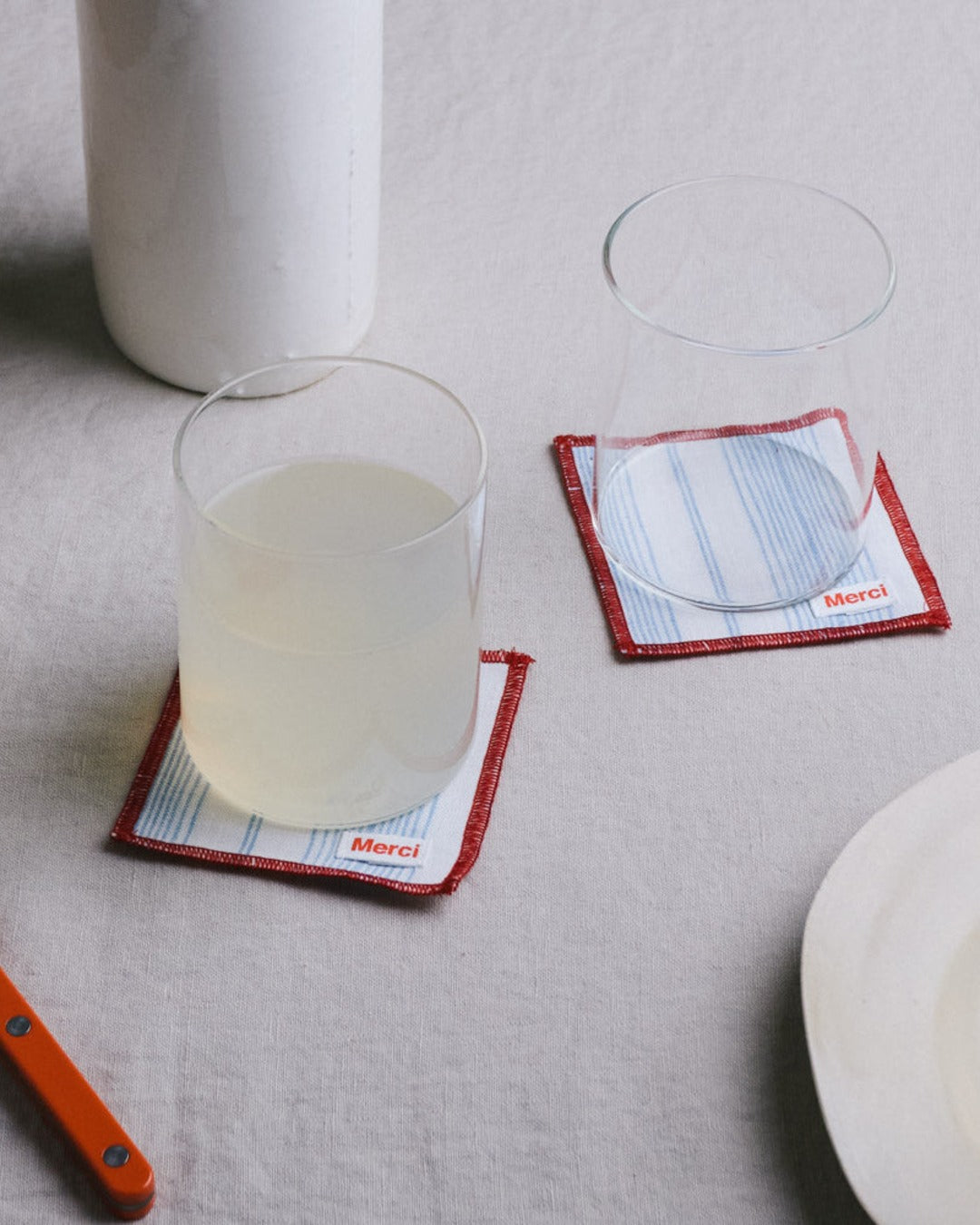 Merci - Set of 6 washed linen coasters - Primary Blue Canvas Stripes