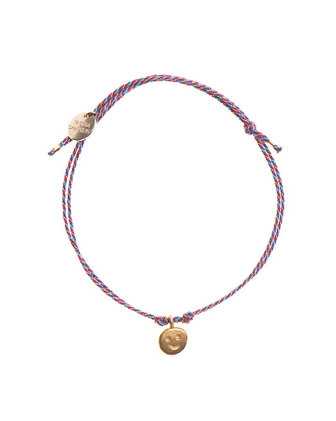 Bracelet Merci Paris Tassia Canellis Be Happy en laiton doré à l'or fin avec fil multicolore bleu et rouge