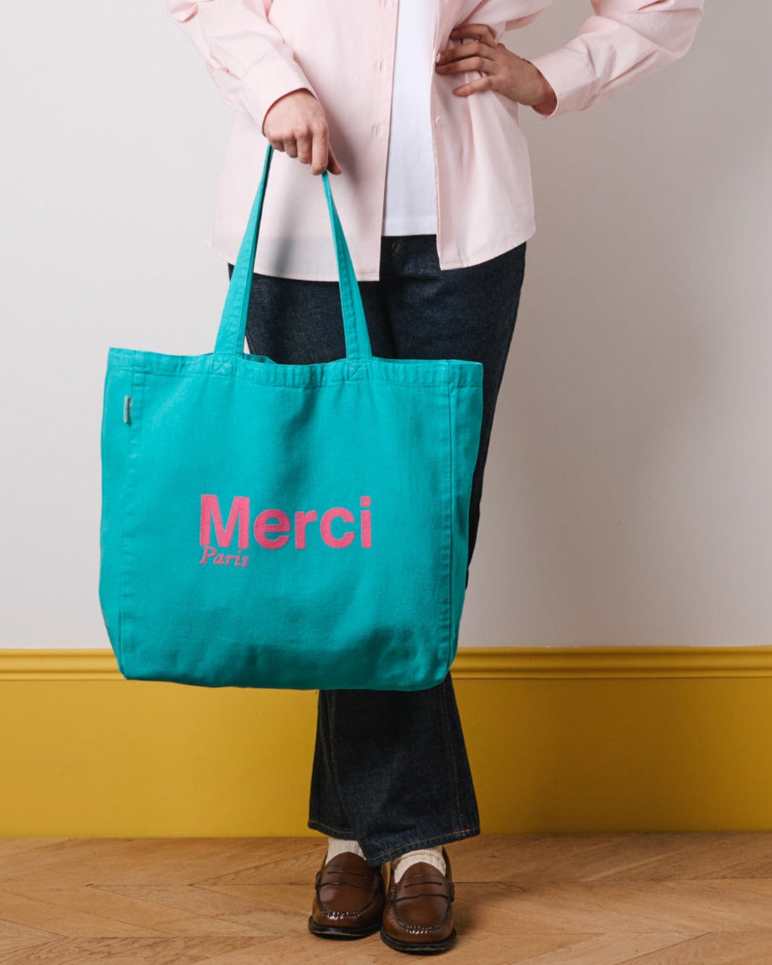 Merci - Cotton Tote Bag - Turquoise & Pink