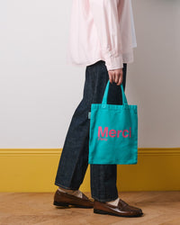 Merci - Tote Bag En Coton - Turquoise & Rose