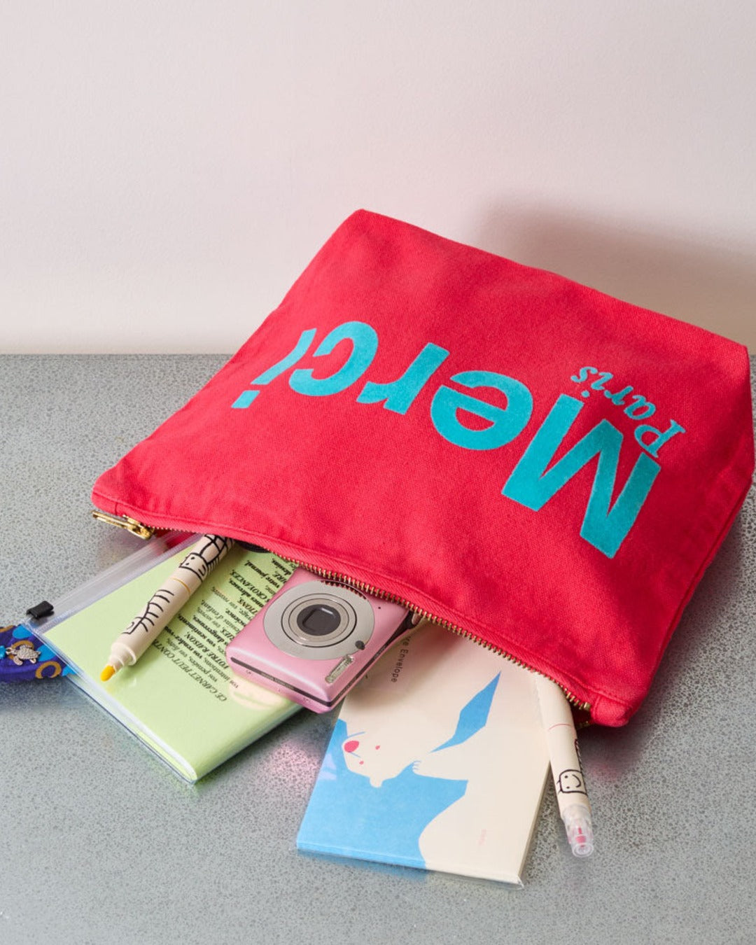 Merci - Cotton pouch - Raspberry & Turquoise