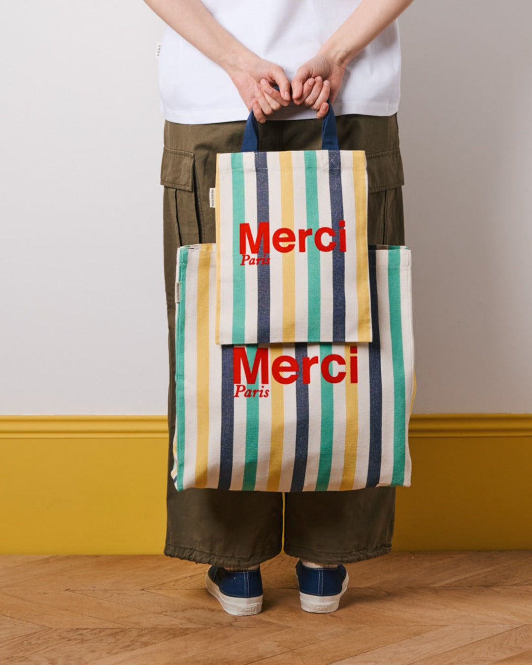 Merci - Striped cotton tote bag - Midnight Blue & Banana