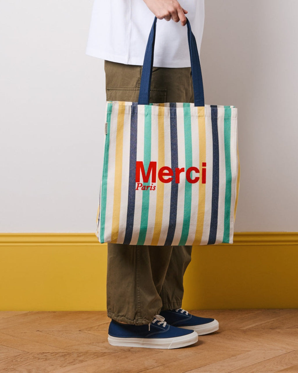 Merci - Striped cotton tote bag - Midnight Blue & Banana