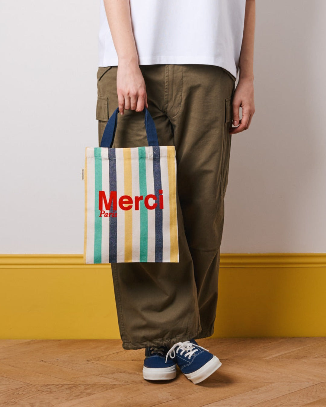 Merci - Striped cotton tote bag - Midnight Blue & Banana