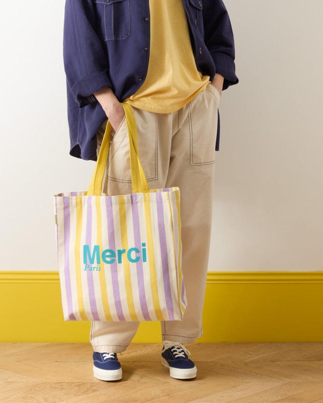 Merci - Striped cotton tote bag - Lilac & Banana