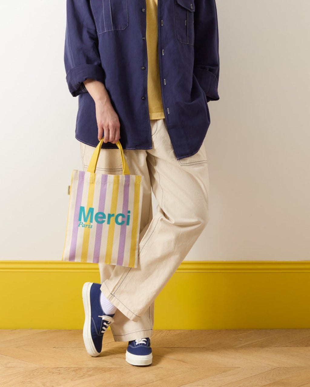 Merci - Tote Bag En Coton Rayé - Lila & Banane