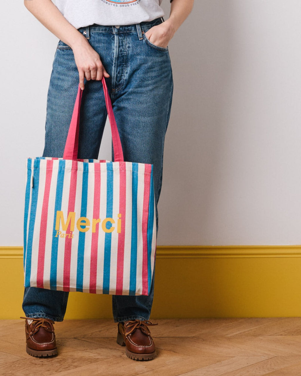 Merci - Striped cotton tote bag - Pink & Blue