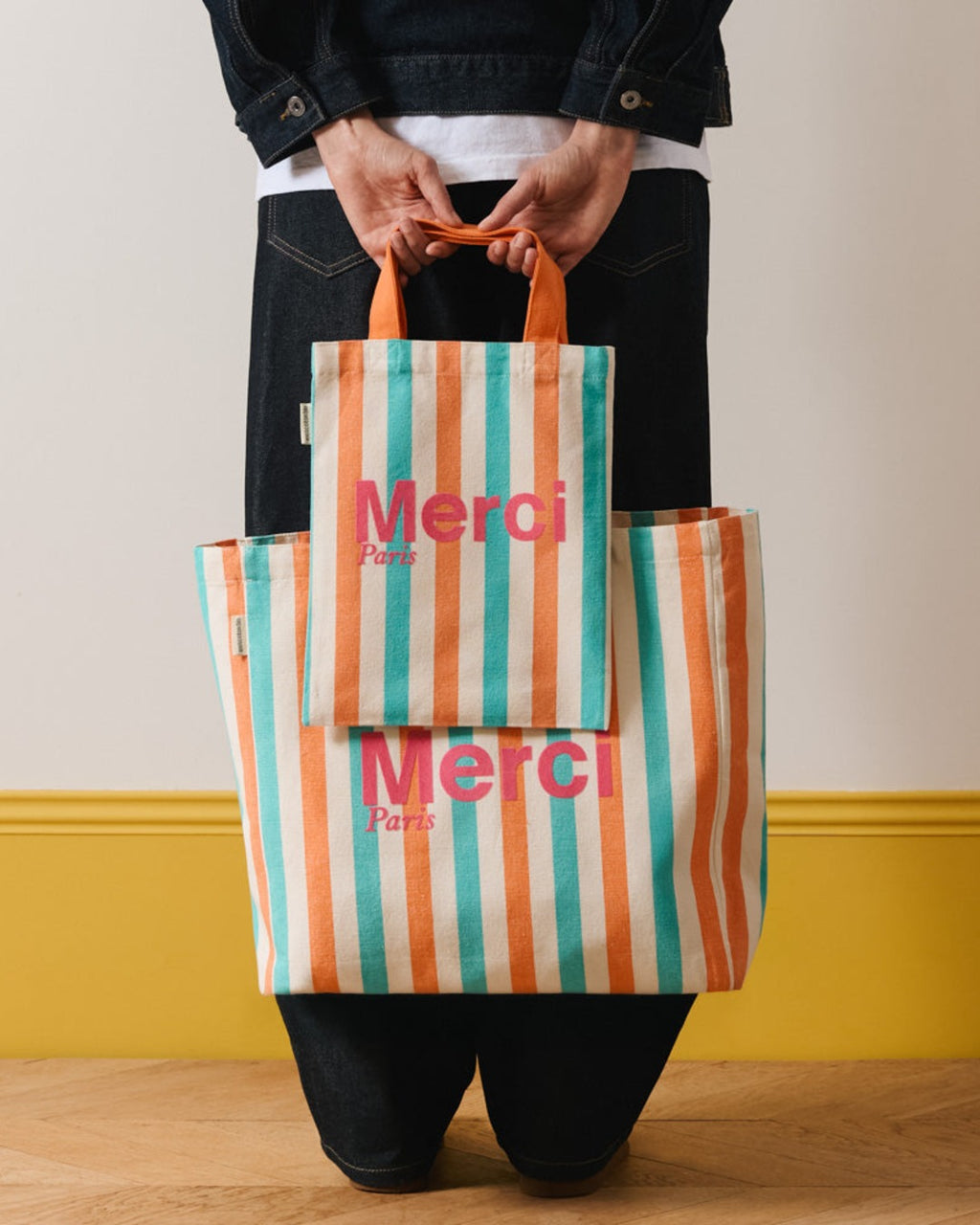 Merci - Striped cotton tote bag - Turquoise & Apricot