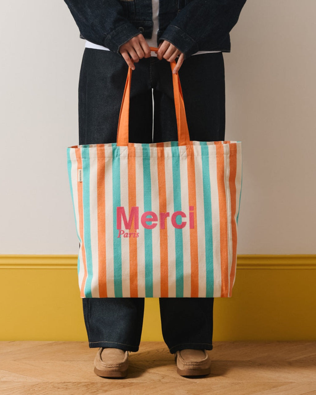 Merci - Striped cotton tote bag - Turquoise & Apricot