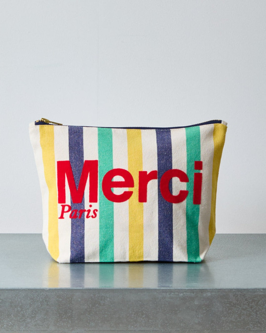 Merci - Striped cotton clutch - Midnight Blue & Banana