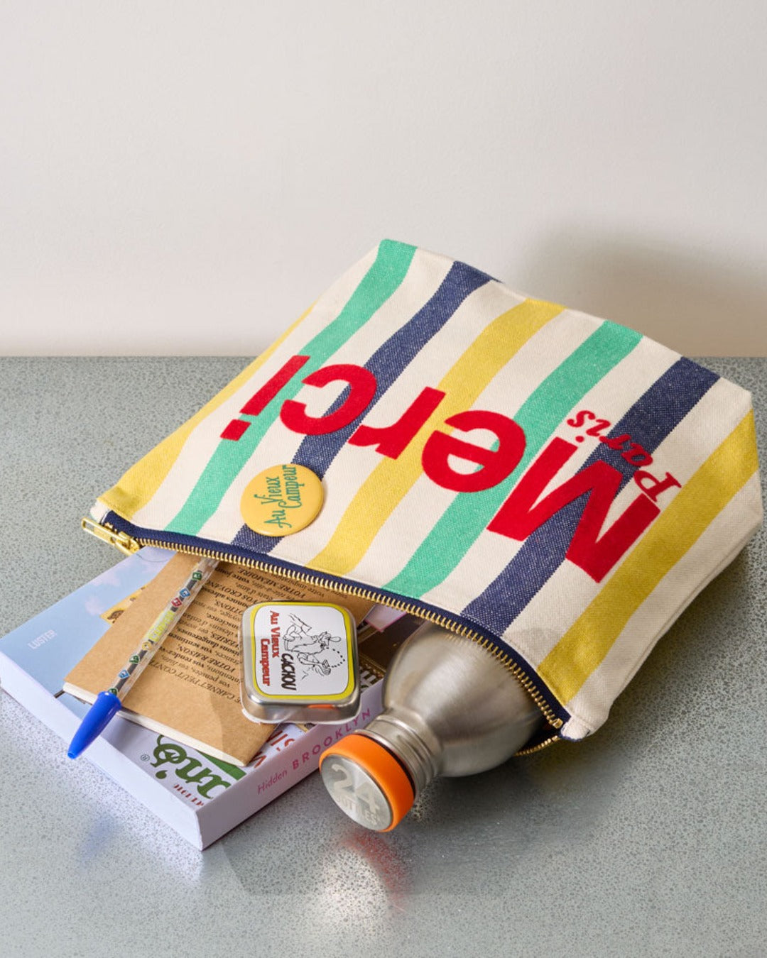 Merci - Striped cotton clutch - Midnight Blue & Banana