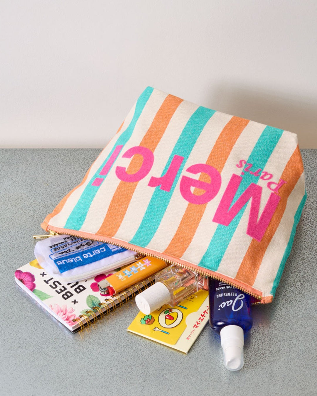 Merci - Striped cotton clutch - Turquoise & Apricot