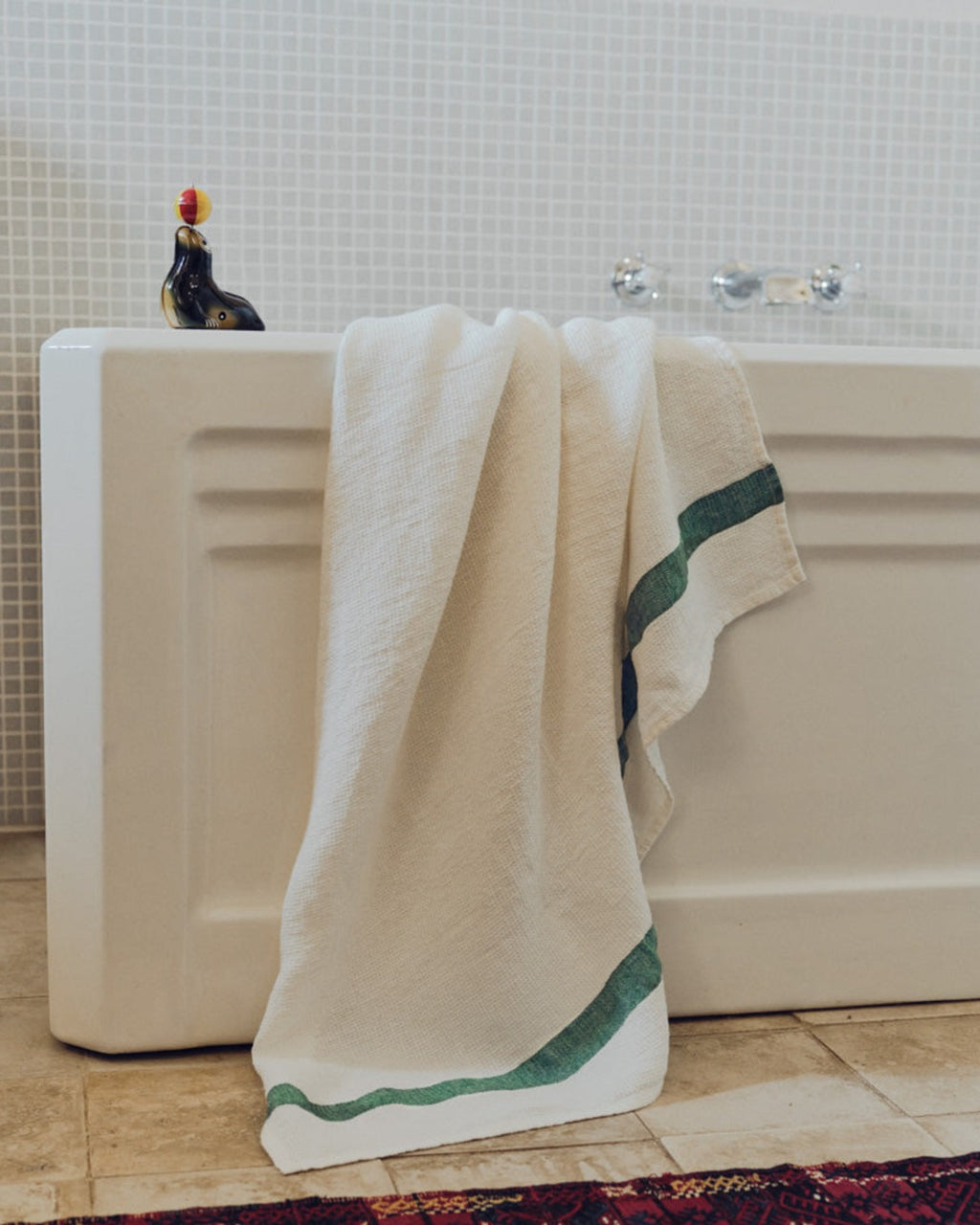 Merci - Serviette De Bain En Lin Nid D'Abeille - Bande Vert Potager